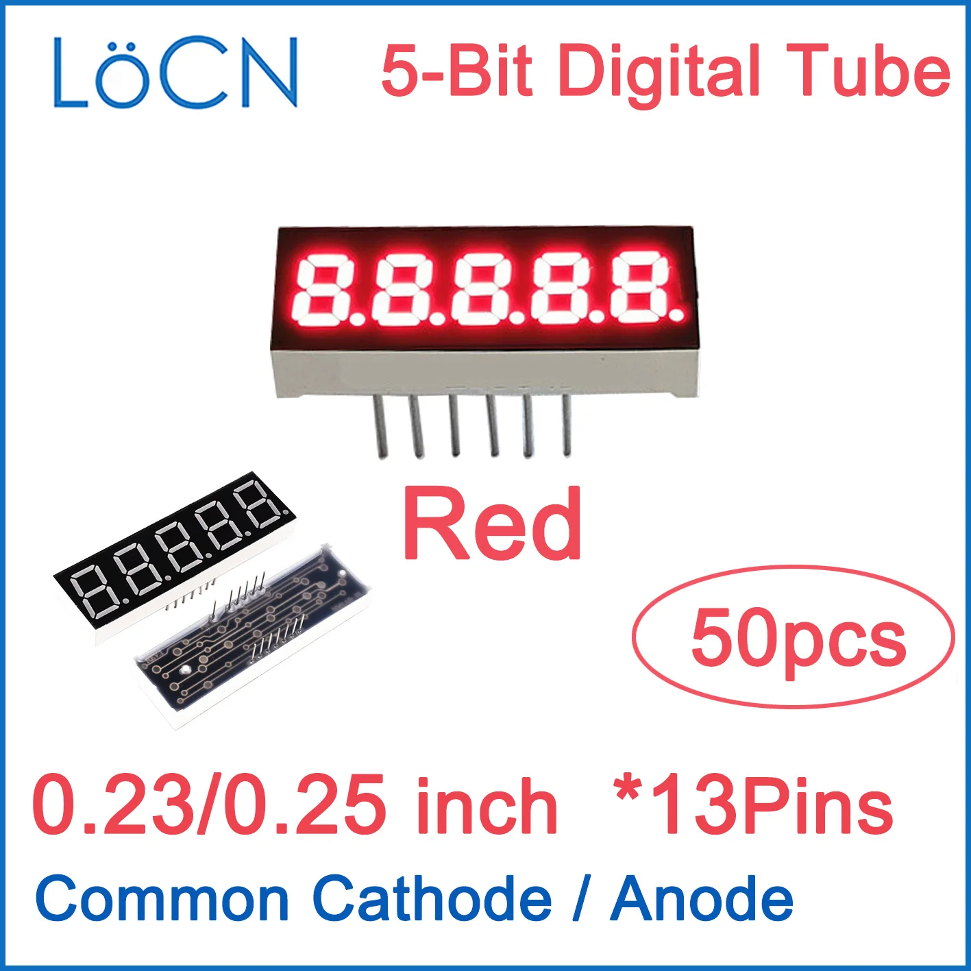 

0,23 0,25 дюймовый светодиодный дисплей, цифровая трубка, 5 бит, красная, яркая, 50 шт., LoCN Professional