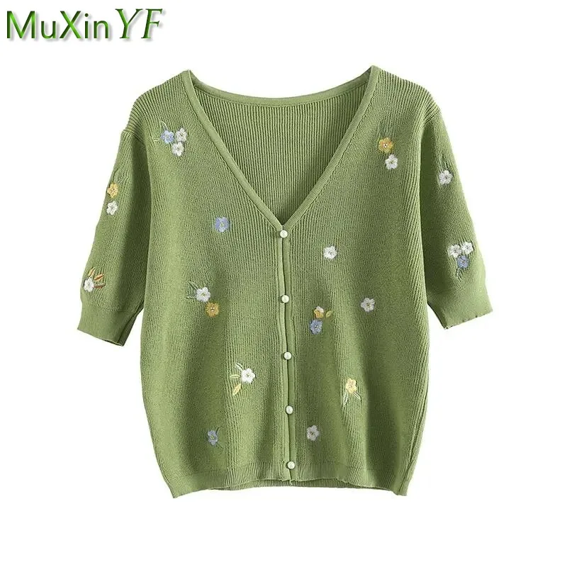 French Graceful Embroidery Flower Knit T Shirt Women Summer 2023 New Sweet V-Neck Short Sleeve Tops Lady Green Fashion Clothing