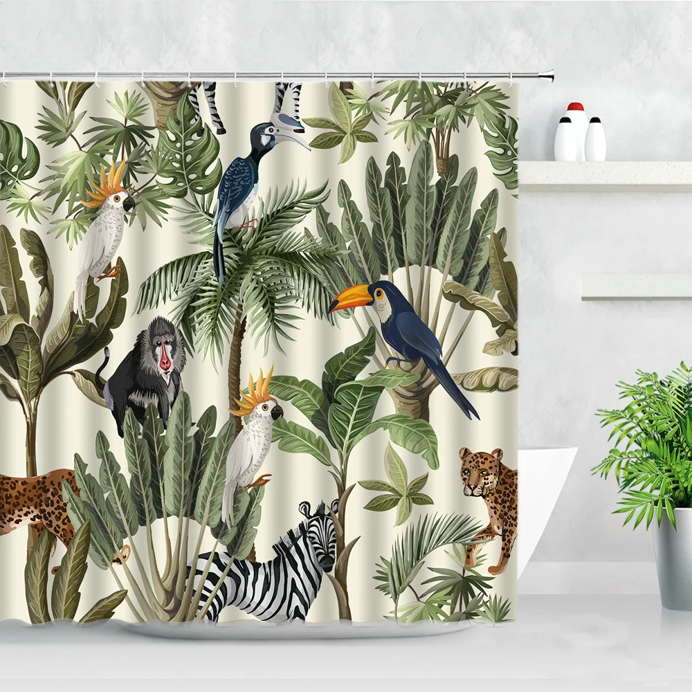 Tropical Plant Shower Curtains Bird Monkey Zebra Leopard Wild Animals Trees 3D Print Waterproof Bath Screen Bathroom Curtain Set