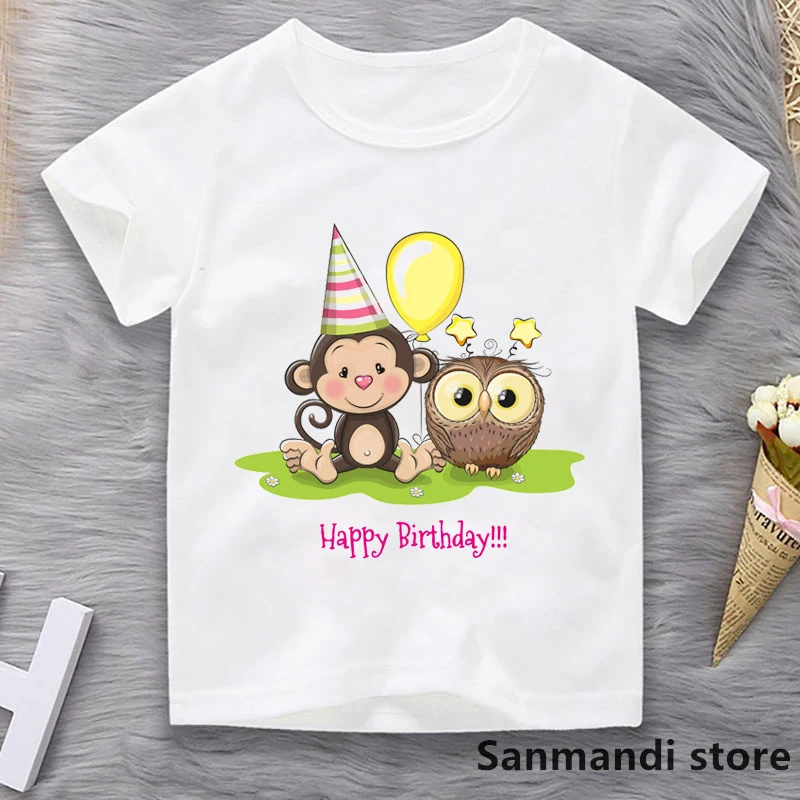 Happy Birthday Gift For Girls/Boys Kids Clothes Funny Monkey Love Owl Balloon Graphic Print Tshirt Kawaii Children Clothing