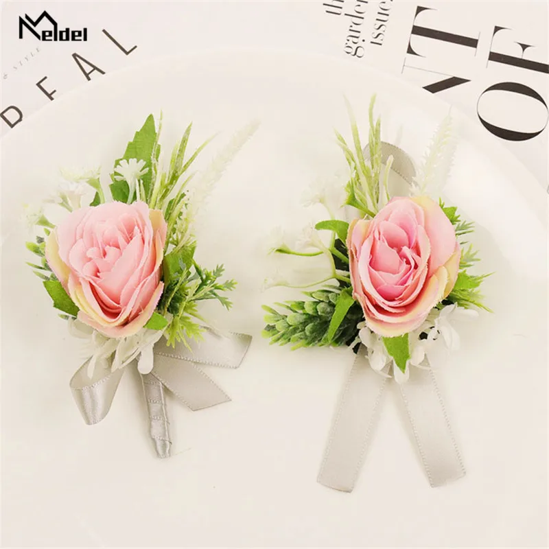 Meldel งานแต่งงาน Boutonniere Corsage Pins ดอกไม้ Boutonniere เจ้าบ่าวแต่งงาน Corsage สร้อยข้อมือสำหรับงานแต่งงานอุปกรณ์เสริม