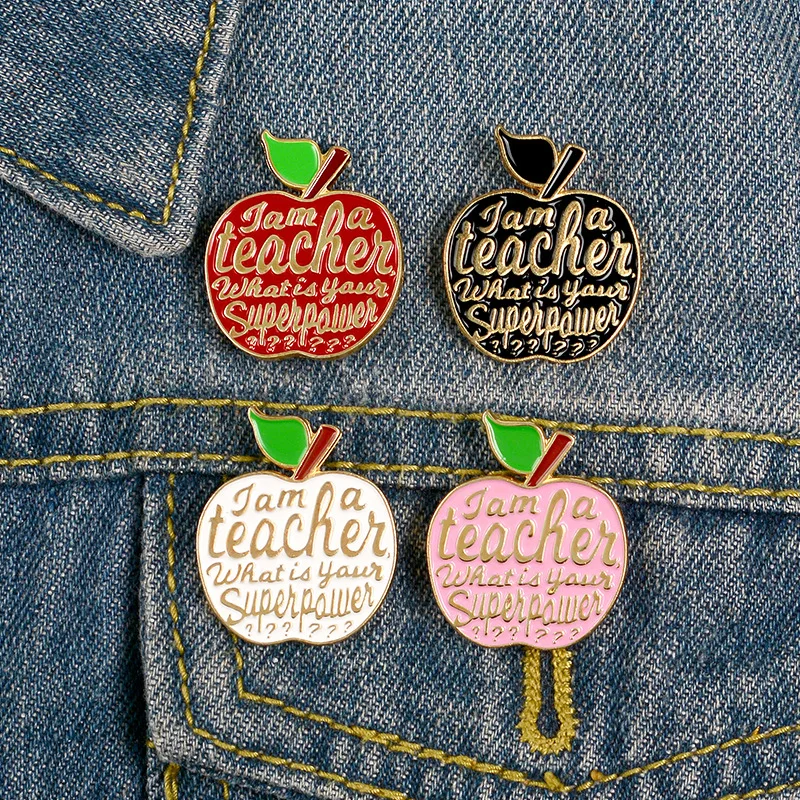 4 Styles Apple Enamel Pins Teacher's Superpower Badge Brooch Denim Colthes Bags Cartoon Fruit Badges Jewelry Gifts for Teachers