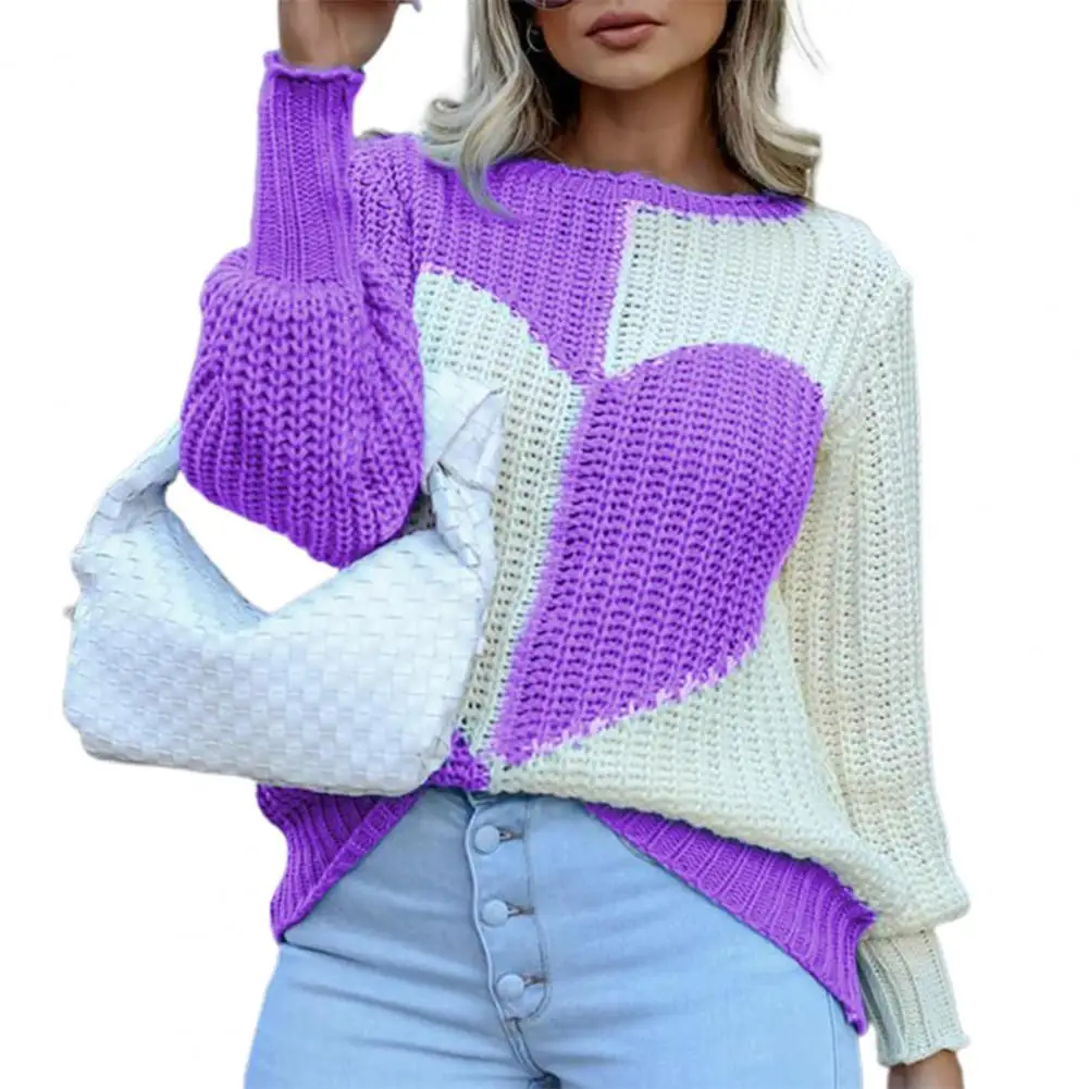 

Heart Pattern Women Sweater Oversize Sweater Autumn Winter Color Block O Neck Lantern Sleeve Knitted Top Pullovers Sweater