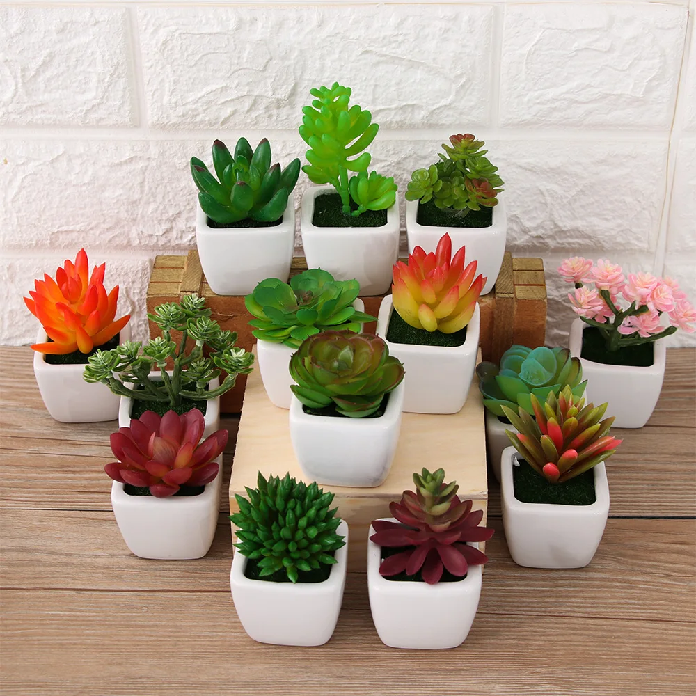 1PC Mini Artificial Plants Vivid Cactus Succulent Bonsai Plant with Vase Office Table Indoor Plants Floral Craft Home Decoration