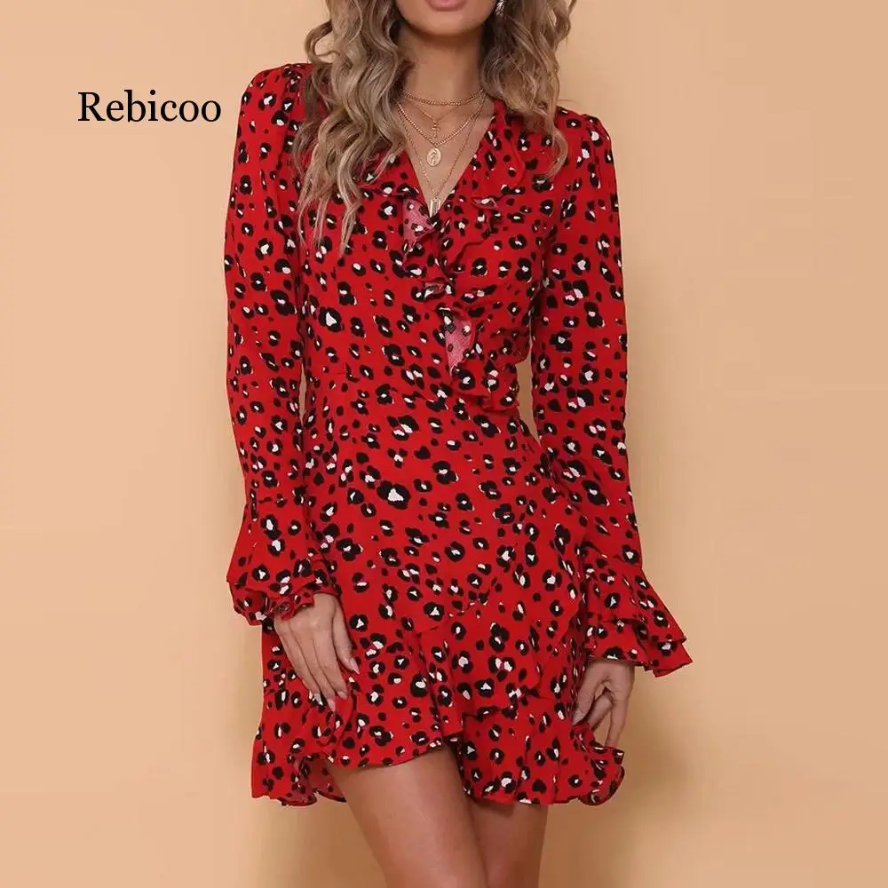 

Womens Sexy V-Neck Leopard Printed Autumn Spring Long Sleeve Ruffled Hem Flare Sleeve Party Wrap Mini Dress vestidos femininos