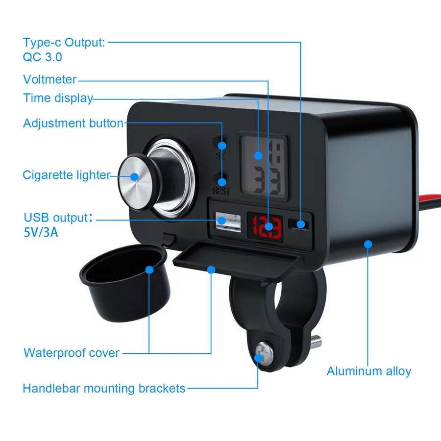 Motorcycle Cell Phone USB Charger QC3.0 Fast Charge Cigarette Lighter Voltmeter