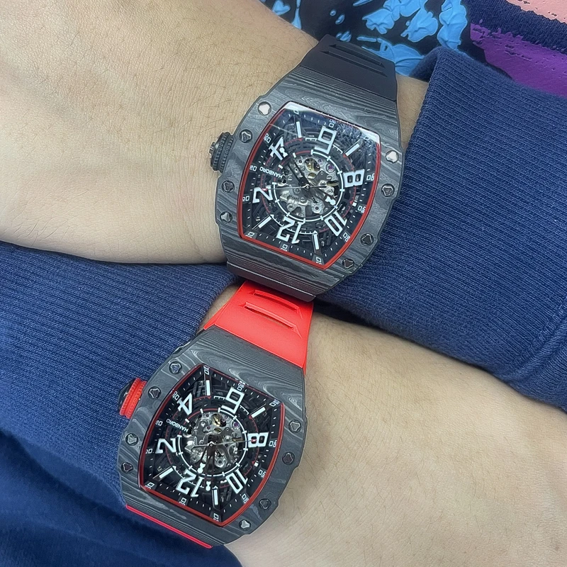 

HANBORO мужские автоматические часы, лучшие роскошные брендовые часы, механические наручные часы, светящийся корпус Tonneau, безель из углеродного волокна, резиновый ремешок