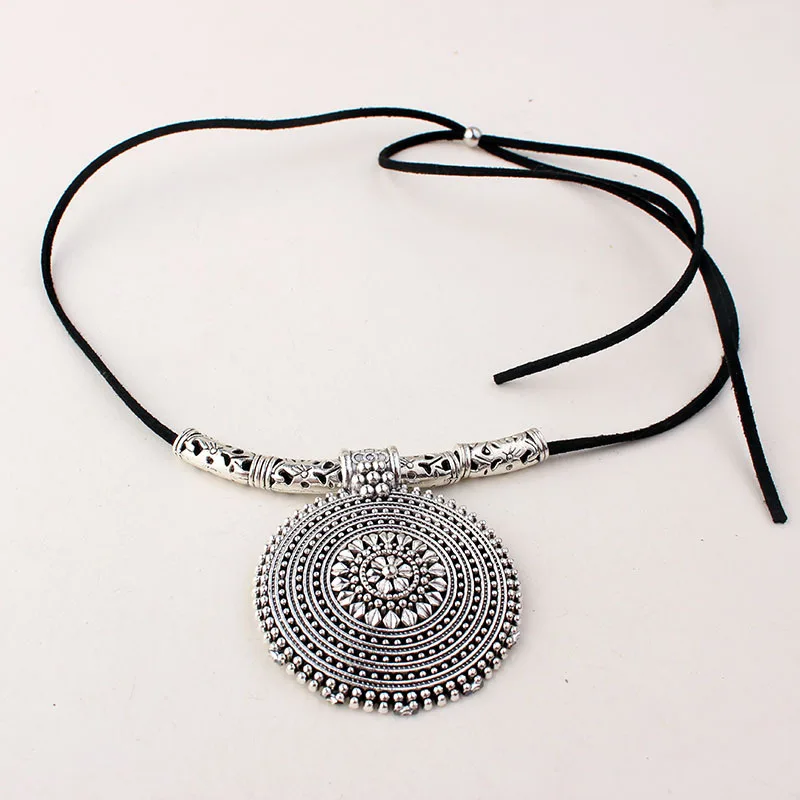 Long Ethnic Necklace with Circle Tribal Pendant Necklace for Women