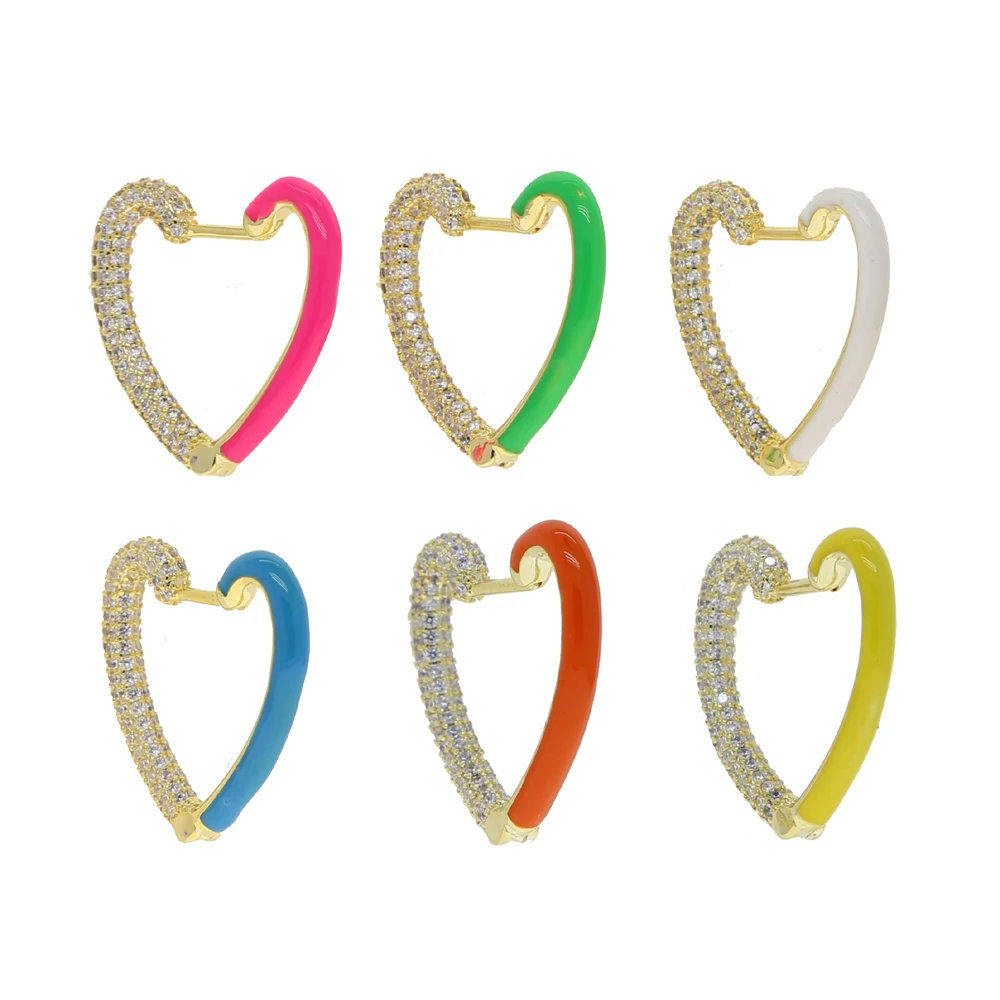 clear cz cubic zirconia heart hoop earring half cz half Neon enamel 2020 new colorful women jewelry