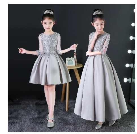 

Appliques Kids Girls Formal Dress Silver Princess Dress Birthday Costume Birthday Party Cosplay Costume gifts