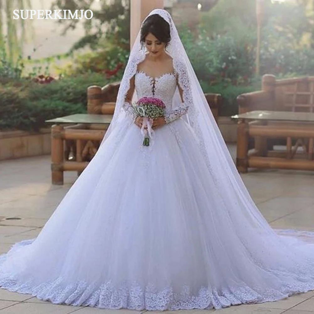 SuperKimJo Vestido De Voiva blanco aplique De encaje para boda vestidos Boho manga larga elegante trajes De novia árabes Robe De Mariage