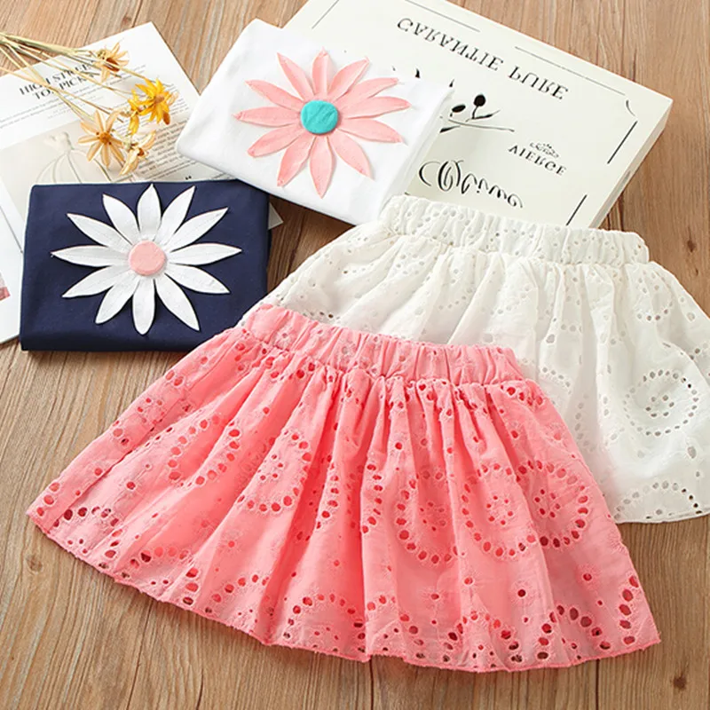 2024 Summer 3 4 5 6 7 8 9 10 Years Princess Elegant Lace Embroidery Floral T-Shirt+Hollow Out Skirt 2 Piece Sets For Kids Girl