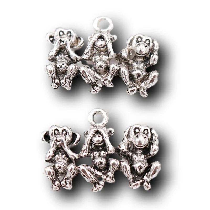 6pcs Silver Plated Three Good Friends Monkey Orangutan Dog Pendant Hip hop Necklace Accessories DIY Charms Jewelry Crafts Making