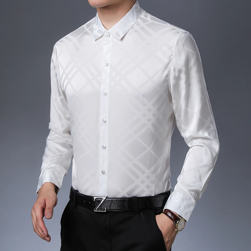 2019 New autumn & spring mens soft silk shirt casual male fashion striped long sleeve thin silk satin dress shirts