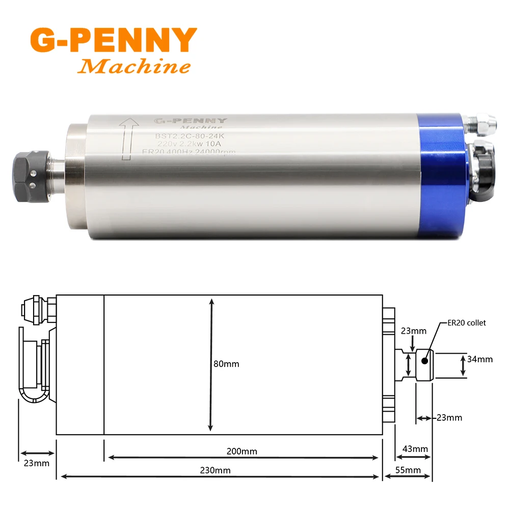 2.2KW ER20 80mm CNC Water Cooled spindle 220v/380v CNC Engraving Milling Router Machine water cooled spindle 4pcs bearings