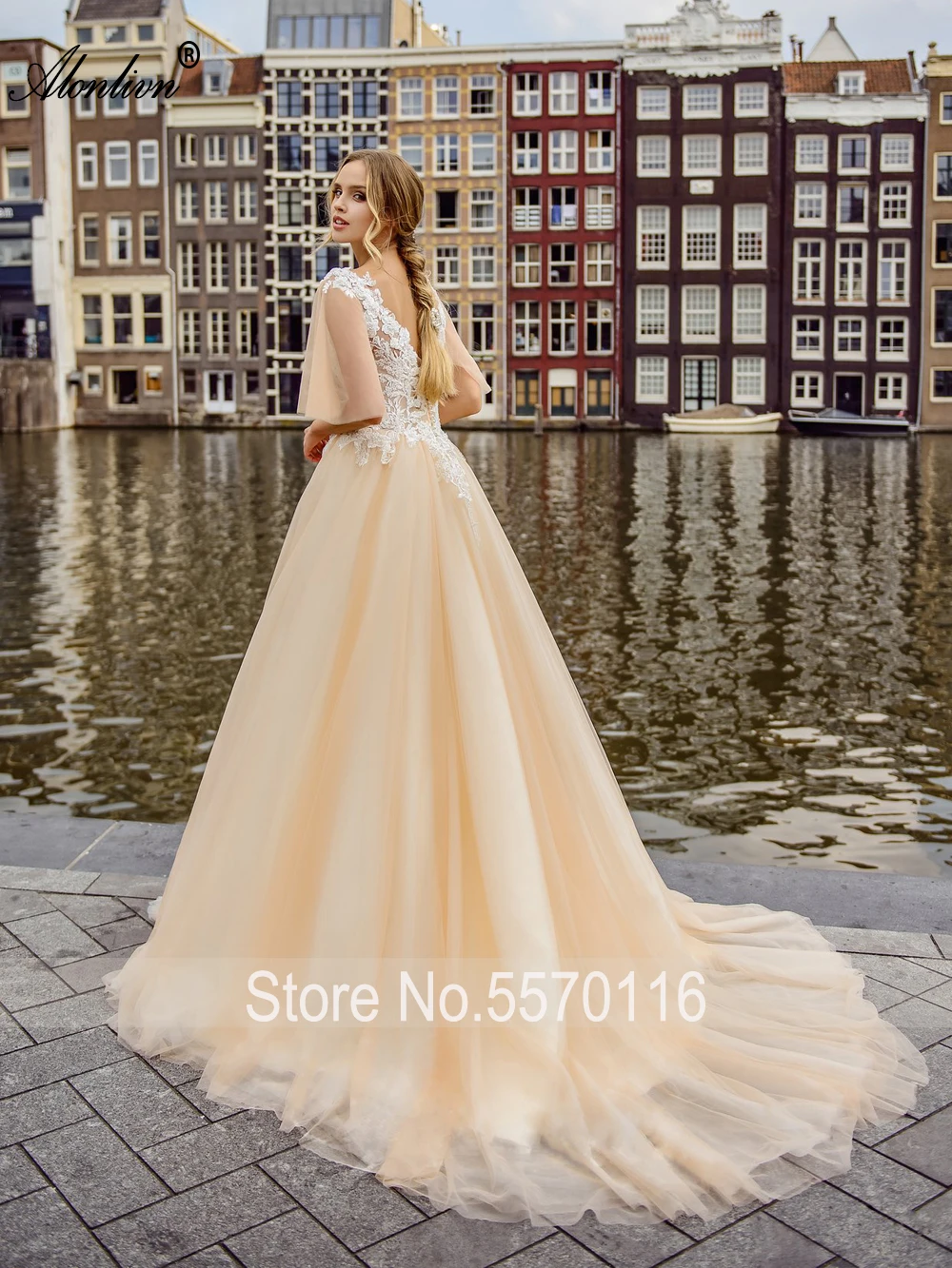 Alonlivn Elegant Puff Sleeves A-line Wedding Dress Beading Pearls Appliques Tulle V-Neck Bridal Gowns Customize Order