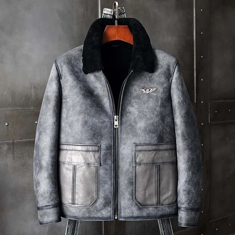 

New Mens Shearling Coat G1 Bomber Jacket Grey Leather Overcoat Short Sheepskin Fur Parkas Motorcycle Outwear