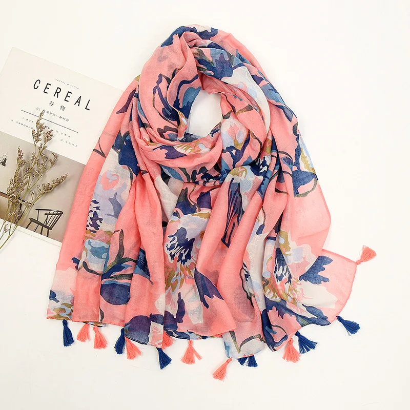 Fashion Design Lovely Floral Tassel Viscose Shawl Scarf Lady High Quality Neckerchief Spring Summer Foulards Muslim Hijab Sjaal