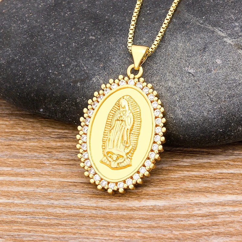 Nidin New Arrival 10 Styles Copper CZ Virgin Mary Necklaces For Women Men Crystal Necklace Long Chain Catholic Jewelry Gifts