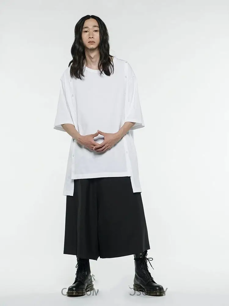 

Футболка мужская с коротким рукавом, однотонная модная Асимметричная Свободная рубашка с круглым вырезом, с Боковым Разрезом, лето