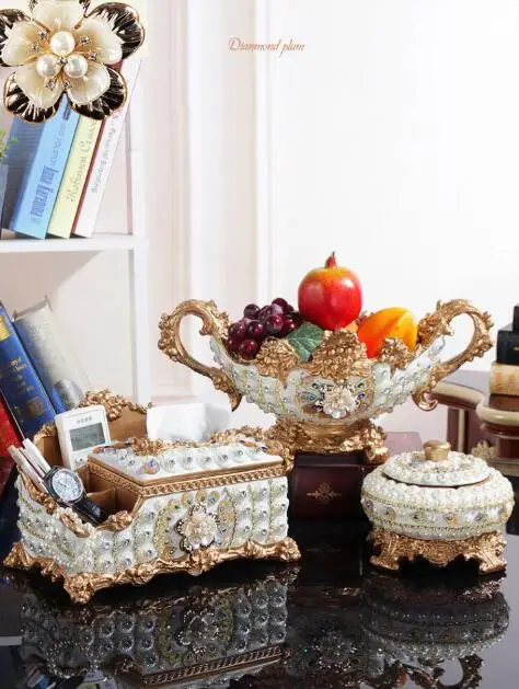 European Resin Luxury Diamond Fruit Plate Ashtray Tissue Box Ornaments Home Livingroom Furnishing Craft Office Hotel Decortaion