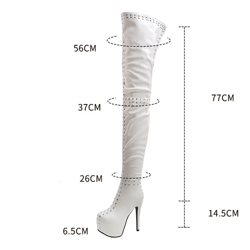 Sgesvier Women Thigh High Boots Sexy Studded Stiletto Heels Round Toe White Black Club Wear Shoes Women Over The Knee Boots