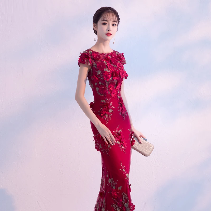 ที่กําหนดเองหรูหราดอกไม้ไวน์แดง Mermaid Evening Dresses 2025 Elegant เจียมเนื้อเจียมตัว O-คอผู้หญิงชุดยาวอย่างเป็นทางการ