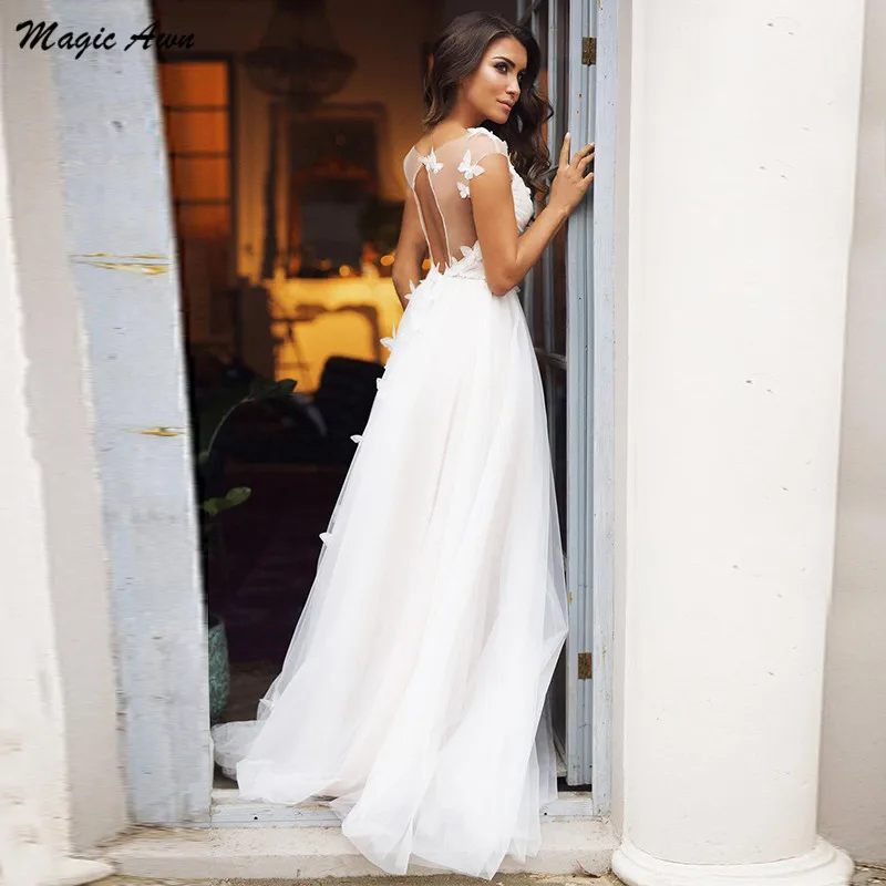 Magic Awn-vestidos De novia elegantes, ilusión, manga casquillo, apliques De mariposa 3D, vestidos De novia bohemios, bata De princesa De Mariee 2021