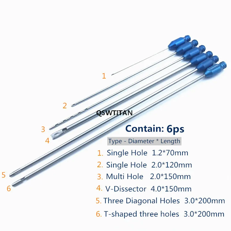 Liposuction Cannulas 6pcs/Set Titanium Liposuction Handle Needle Cannulas Luer Lock