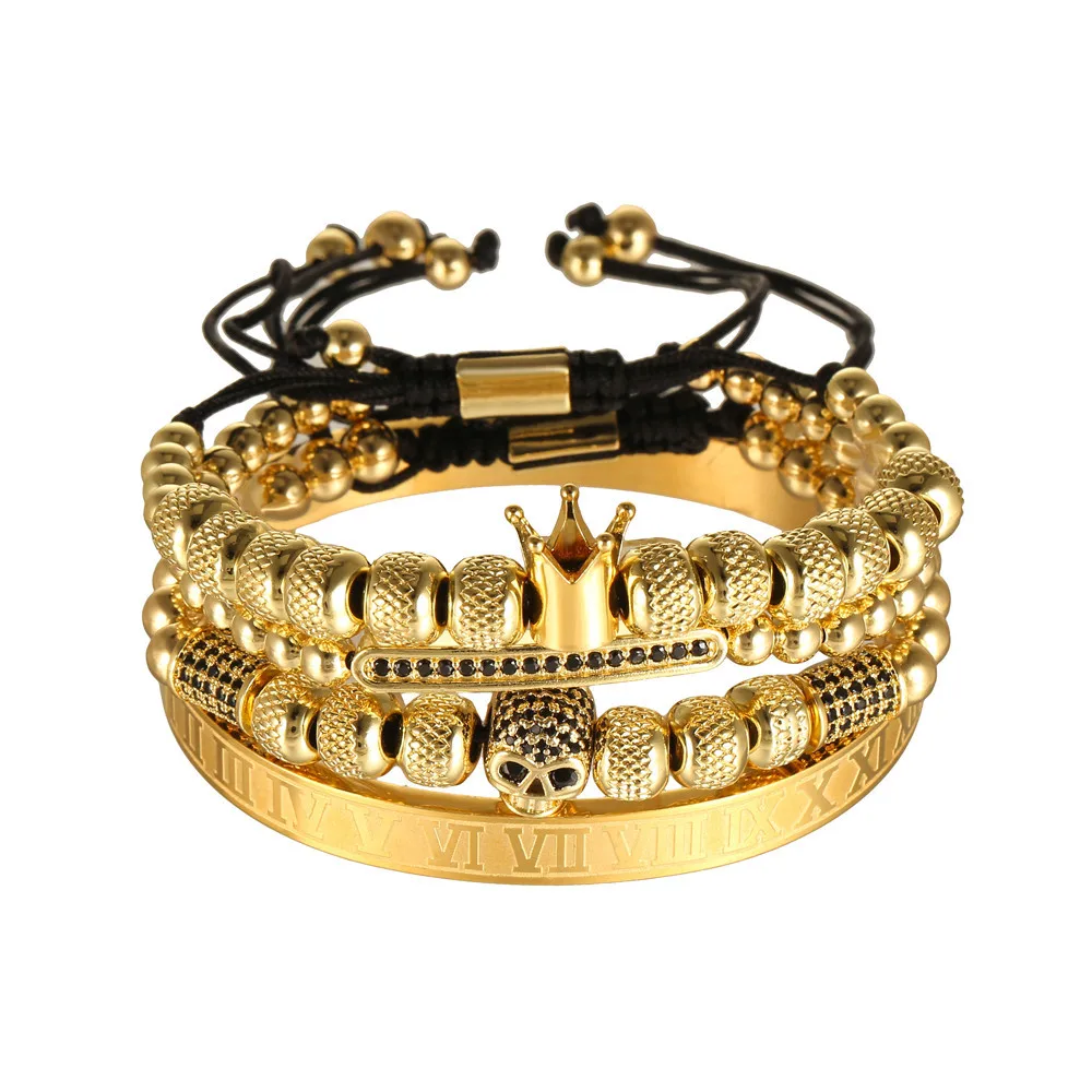 Punk 4pcs/set Classical Braiding Bracelet Set Gold Hip Hop Men Pave CZ Zircon Skull Roman Numeral Bracelet Bangle Luxury Jewelry