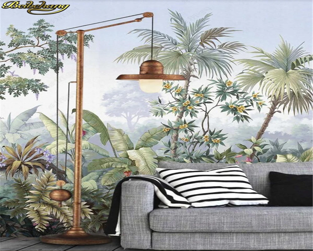 beibehang Custom 3d wallpaper mural european style hand painted idyllic rainforest plantain coconut tree mural porch background