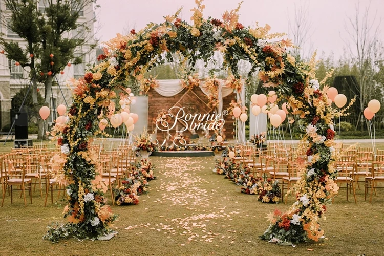 

Lawn Wedding Iron Arches Outdoor grand event Stage Party Backdrops flower balloons Shelf flower walkway aisle road lead decor