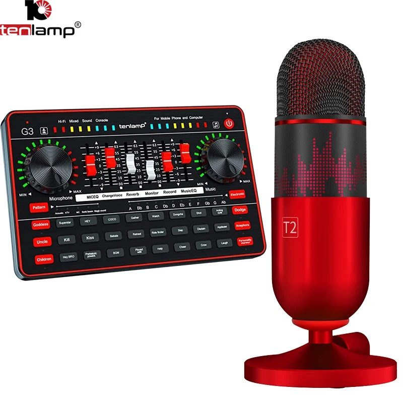 Tenlamp T2 USB Single Microphone G3 Sound Card Professional Podcast Condenser Microphone For Gaming Singing PS4 Mobile Computer