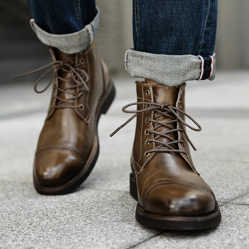 High Quality Autumn Winter Vintage Men Ankle Boots British Tooling Cow Leather Brogue Shoes Outdoor Desert Motorcycle Boots