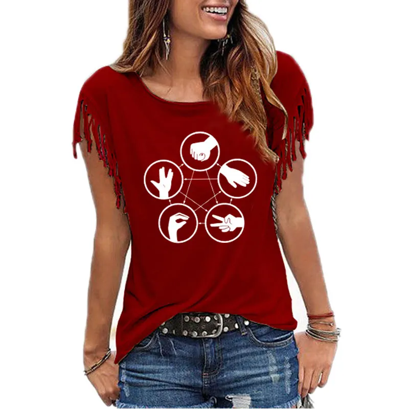 The Big Bang Theory Women T Shirt Sheldon Mora finger-guessing game Tops Short Sleeve Cotton Sexy Tassel Tee Tops