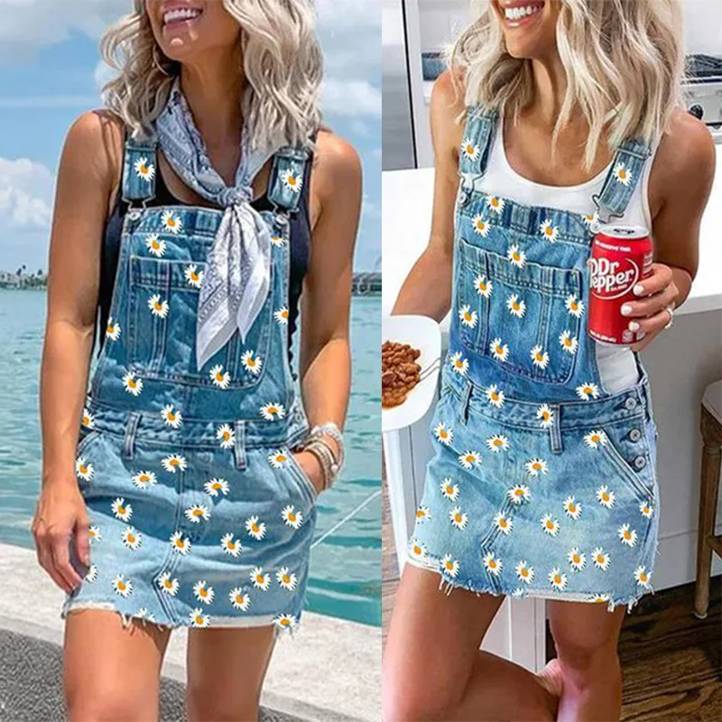 Women Denim Dress Sundress Vintage Flowers Print Sleeveless Overalls Dresses Female Casual Adjustable Strap Cowboy Short Dress