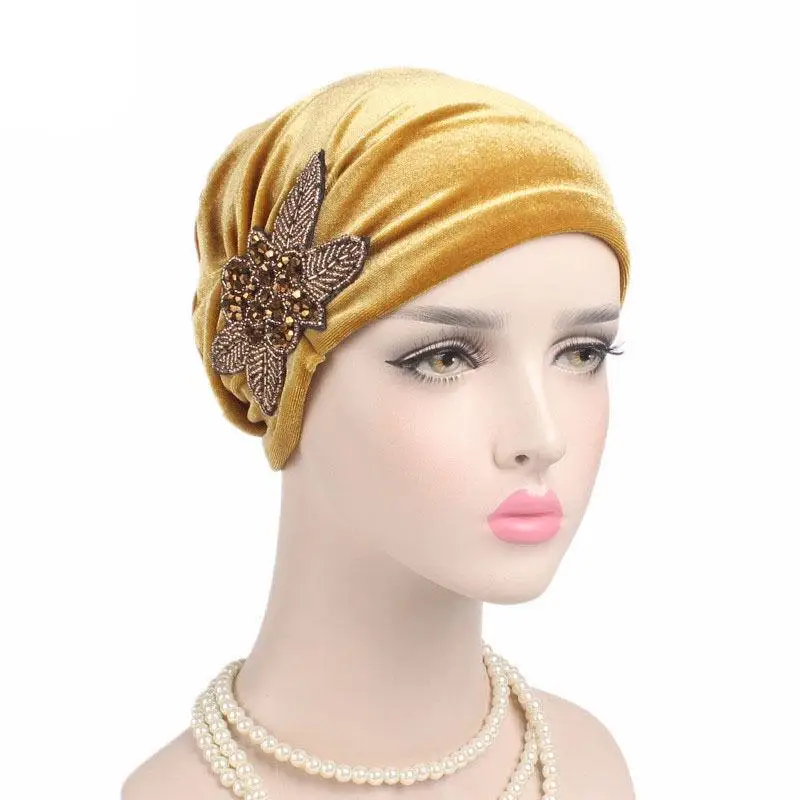 Muslim Women Velvet Hand Beaded Turban Cap India Chemo Wrap Head Beanie Lady Flower Headwear Hair Loss Skullies Arab Fashion