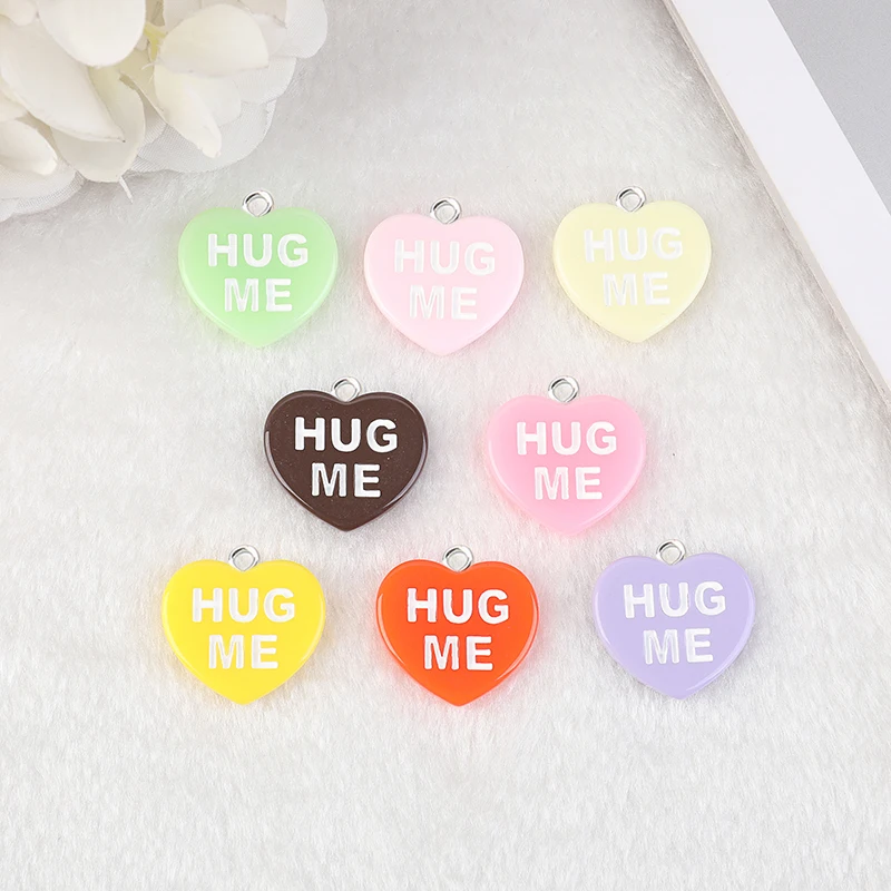 16 Pcs 22*24 MM Glitter Resin Heart Charms ONE KISS HUG ME Flatback Cabochons Pendants for Earrings Necklaces Diy Making