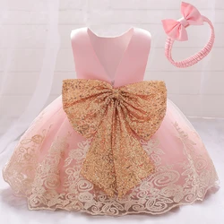 Toddler Baby Baptism Dress For Girls Infant 1 Year Birthday Party Dress Sequins Bow Wedding Princess Dress Children Clothes