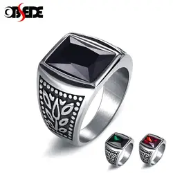 Vintage Men Ring Titanium Stainless Steel Red Black Green Square Zircon Stone Finger Ring Punk Hiphop Male Jewelry Party Gift