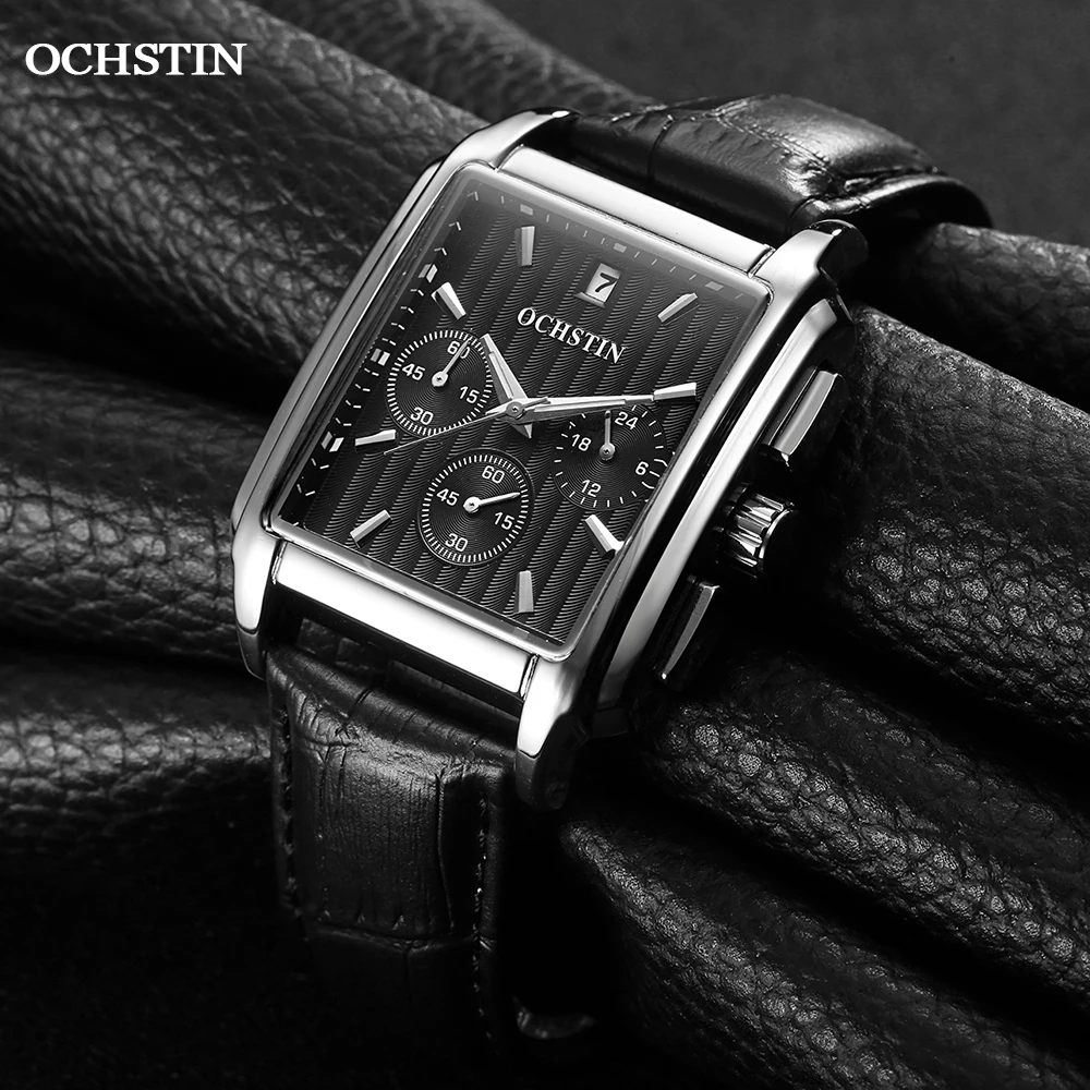 OCHSTIN Luxury Men's Watch Original 2024 Fashion Casual Chronograph Waterproof Square Quartz Wristwatch Leather Gift for Male