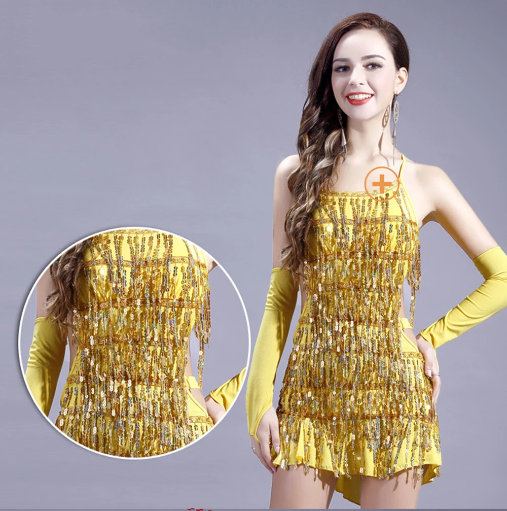 CACARE Sequins ชุดเต้นรำละตินผู้หญิงละตินเต้นรำการแข่งขันชุด Fringed Salsa 7 Choices D0334 Ruffled Hem Backless