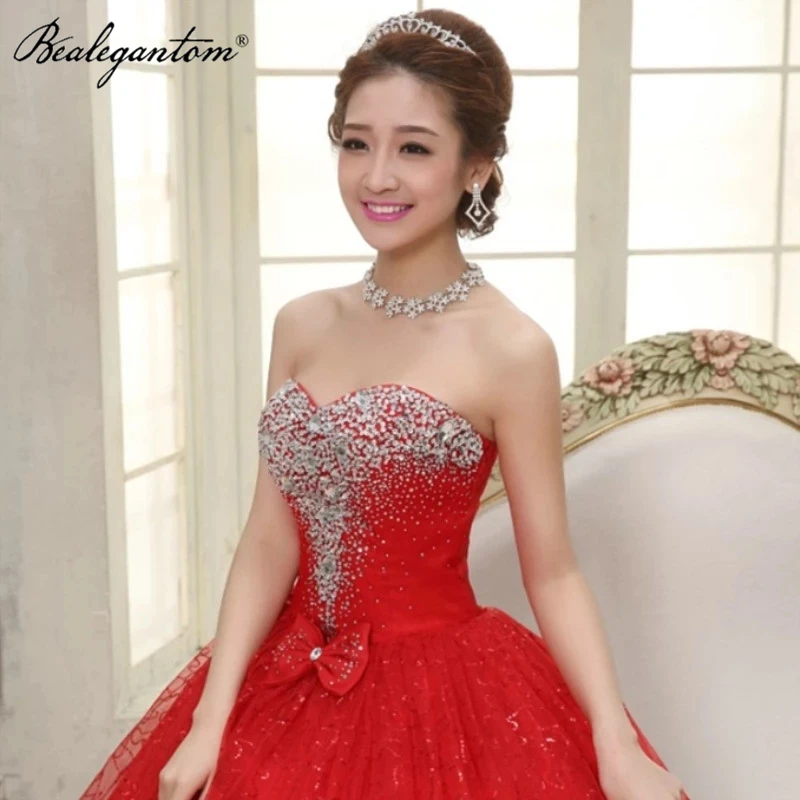 Bealegantom marfim vermelho tule vestido de baile quinceanera vestidos beading cristal aniversário doce 16 prom festa arco robe de bal