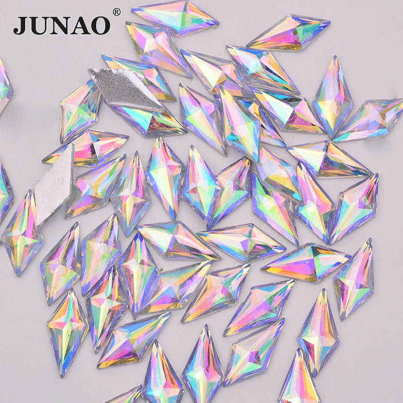 JUNAO 40pcs 10*22mm Crystal AB Rhombus Rhinestone Flatback Resin Crystal Applique Fancy Strass Non Sewn Stones for Dress Crafts