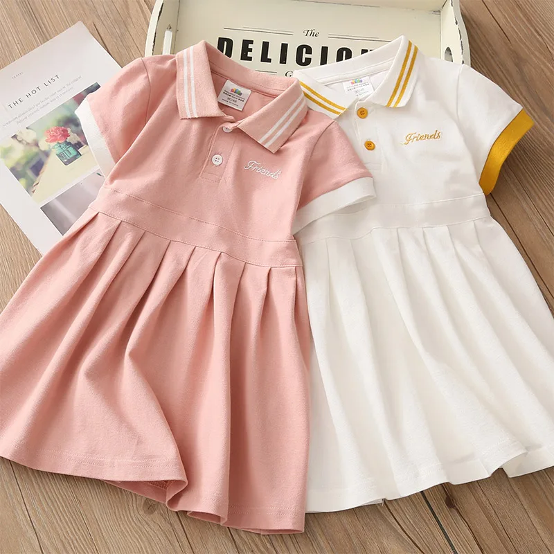 2024 Summer European American Style 3 4 6 8 10 12 Years Children Turn-down Collar Cotton Short Sleeve Kids Baby Girls Dress