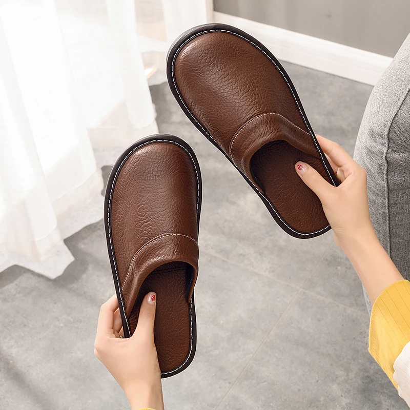 Fashion Black Male\'s Slippers Men Leather Home Shoes Mans Autumn Winter Bedroom Slippers Couple Indoor Women Slides Plus Size