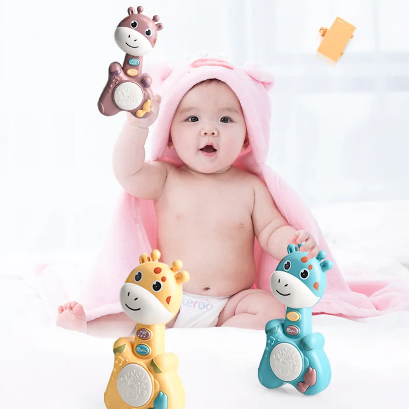 Musical Flashing Baby Rattle Cartoon Deer Hand Drum Early Learning Education Toys Infant Hand Bell Mobile Newborn Weep Tear Toy