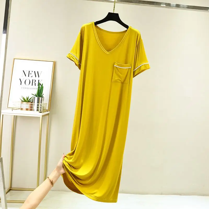 Women Summer Long Nightdress Loose Loungewear Bottoming Night Shirt Pocket Contrast Dress New Short Sleeve Modal Nightgowns