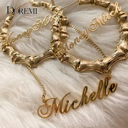 DOREMI Name Earrings and Necklace set 3MM Cuban Chain Round Bamboo Earrings Custom Bamboo HoopLetter Personalised Name Earrings