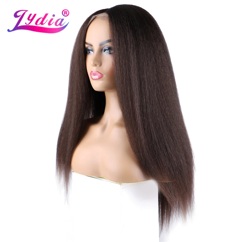 Lydia For Women Synthetic Hair Extensions 4*4 Closure Wig Kinky Straight 130% Density Brown Black Heat Resistant Daily Wigs